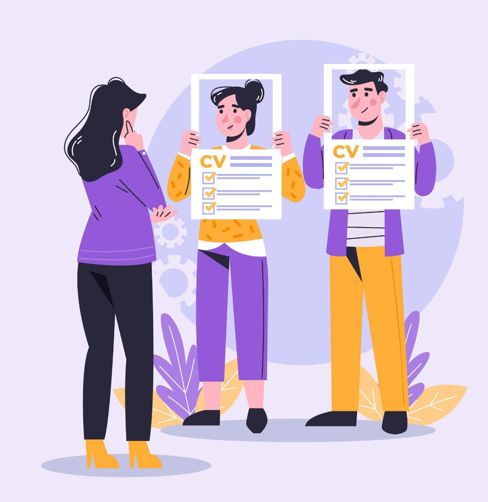 A stylized illustration of recruiters analyzing a cv.