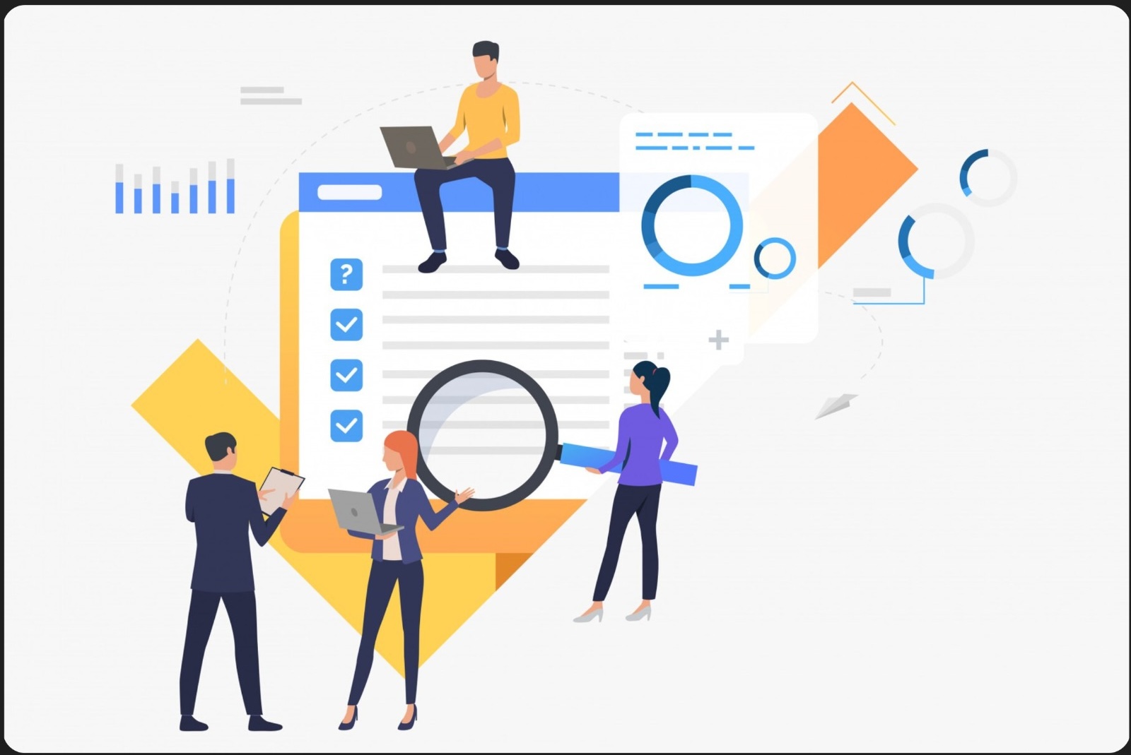 A stylized illustration of recruiters analyzing a resume.